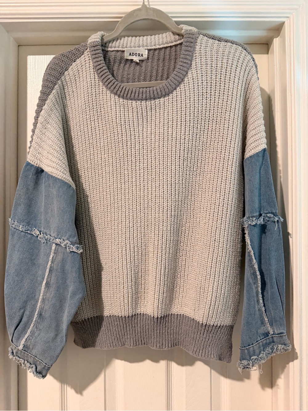 ADORA Light Gray Knit Sweater with Denim Blue Sleeve Panels